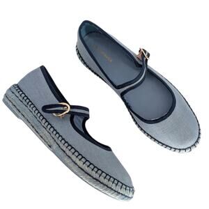 Tuckernuck Blue Canvas Mary Jane Espadrille Flats with Gold Buckle